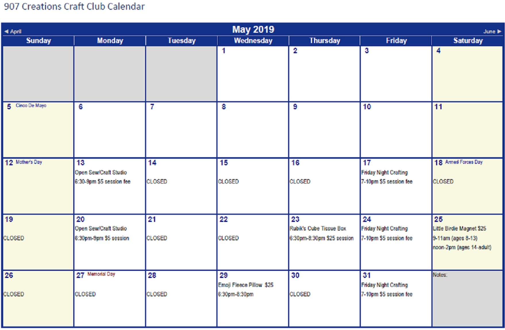 May Craft Club Calendar